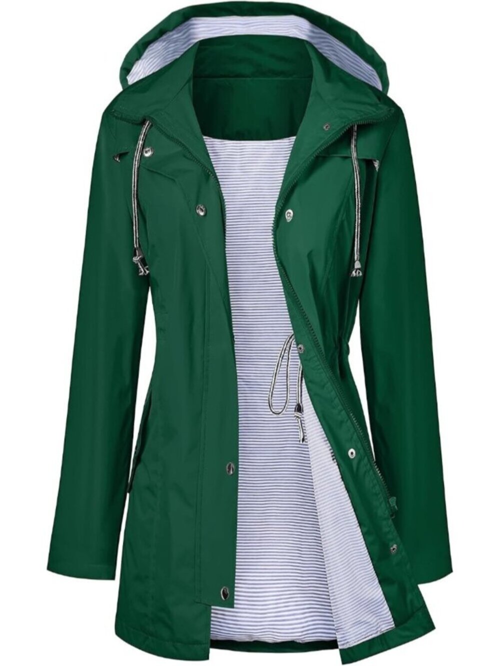 Women Green Hooded Adjustable Drawstring Waterproof Windbreaker Trench Rain Coat